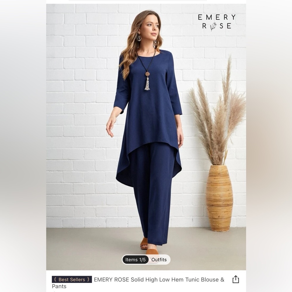 EMERY ROSE Solid High Low Hem Tunic Blouse & Pants